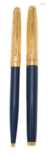 Parker, 75 Custom, a blue laque fountain pen and ballpoint pen