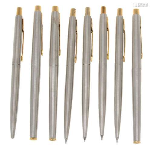 Parker, Classic, two stainless steel fountain pens, a roller ball pen, a ball point pen and four pro