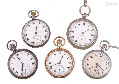 A collection of five open face pocket watches