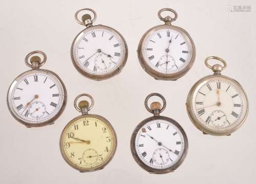 A collection of six silver open face pocket watches