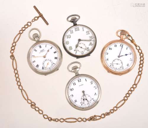 A collection of four open face keyless wind pocket watches