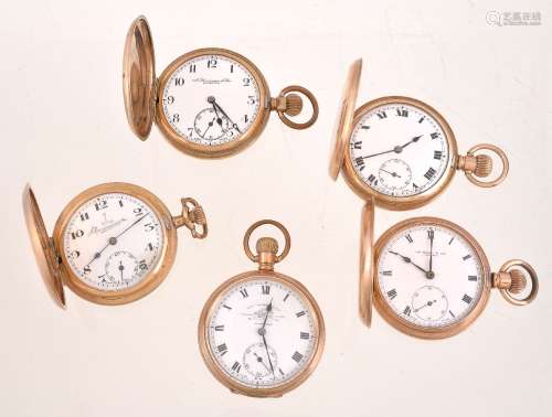 A collection of four gold pated full hunter keyless wind pocket watches