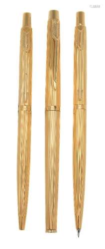 Parker, Classic Milleraies, a gold plated roller ball pen, ballpoint pen and propelling pencil