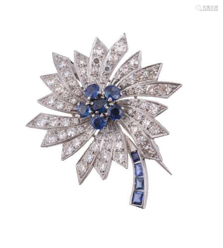A sapphire and diamond cornflower brooch