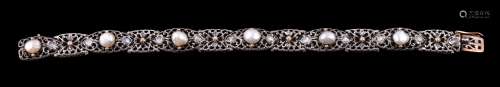 A mid 20th century pearl and diamond bracelet