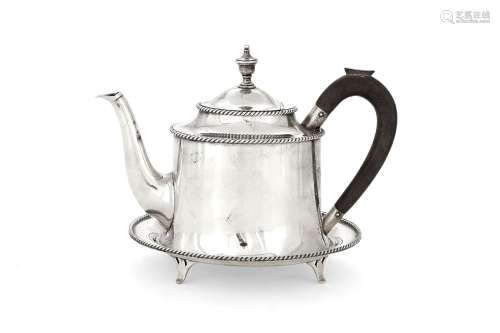 A Portuguese silver straight-sided circular tea pot on stand