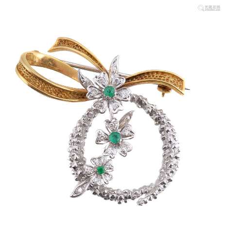 A 1970s 18 carat gold emerald and diamond floral hoop brooch