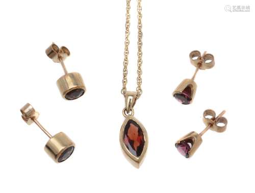 A pair of garnet ear studs and pendant