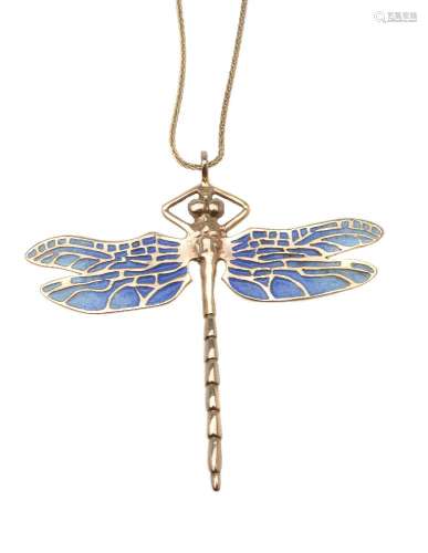 A 9 carat gold enamelled dragonfly pendant