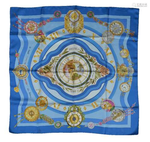 Hermès, Parmi Les Fleurs, Je Compte Les heures, a blue silk scarf