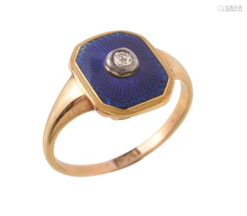 A diamond and blue enamel panel ring