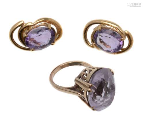 A pair of amethyst earrings and dress ring