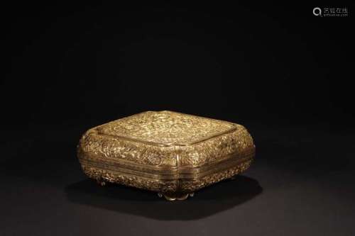 A GILT-BRONZE CARVED SQUARE BOX AND COVER