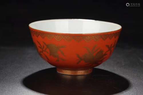 A GILT-DECORATED CORAL RED BOWL, QIANLONG MARK