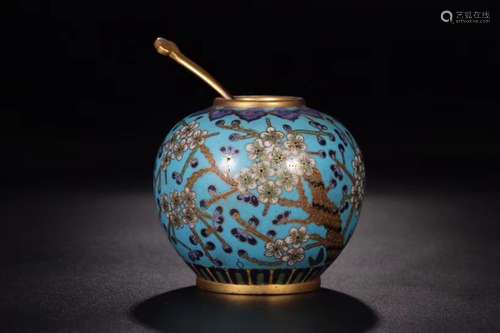 A CLOISONNE ENAMEL WATER COUPE AND SPOON