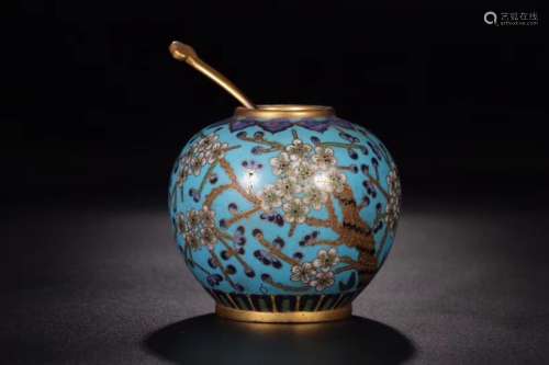 A CLOISONNE ENAMEL WATER COUPE AND SPOON