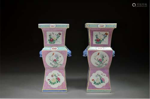 A PAIR OF FAMILLE ROSE VASES