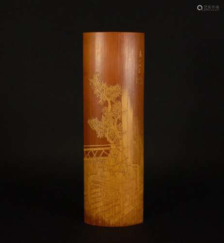 A SKIN-CARVED BAMBOO FIGURE WRIST REST ORNAMENT