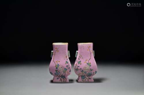 A PAIR OF ROUGE-ENAMELED FAMILLE ROSE VASES