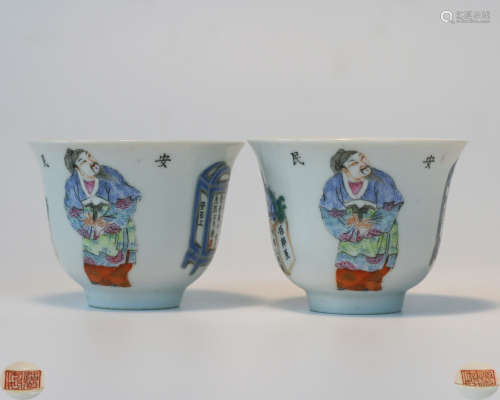 PAIR FAMILLE-ROSE FIGURE PATTERN CUPS