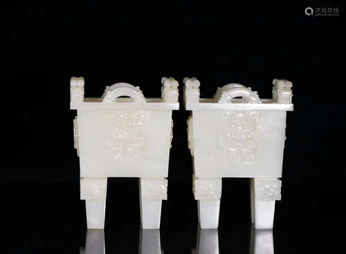 PAIR OLD HETIAN JADE BEAST DECORATED SQUARE CENSER