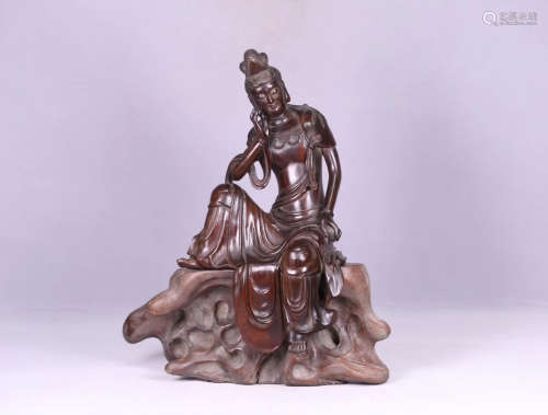 AN OLD ZITAN WOOD GUANYIN BUDDHA