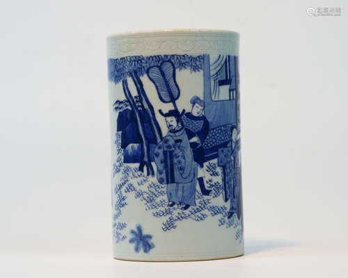 A BLUE AND WHITE BRUSH POT