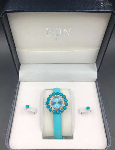 A TURQUOISE BEADS ELECTRONIC WATCH AND EARRINGS
