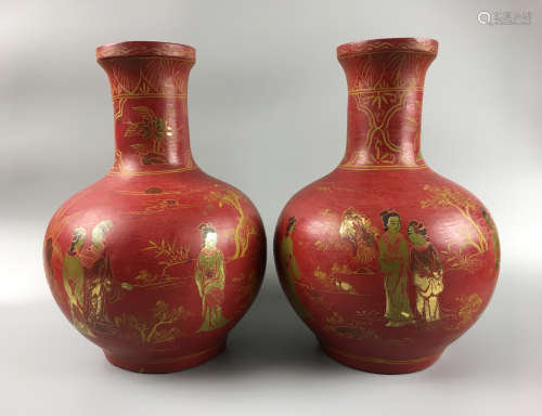 PAIR RED LACQUER GILT FIGURE PATTERN VASES