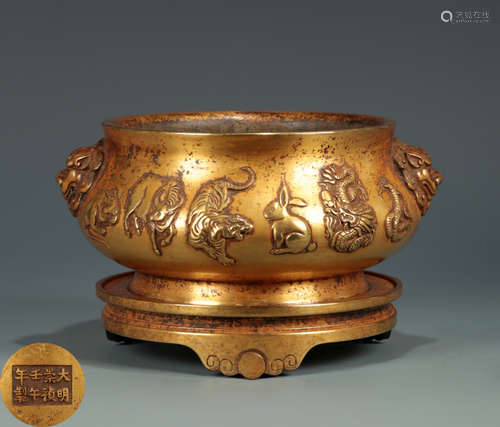 A COPPER CENSER WITH 12-ZODIAC-ANIMALS PATTERN