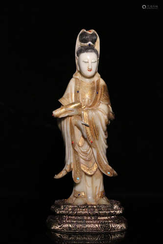 A FURONG SOAPSTONE CARVED GUANYIN FIGURE