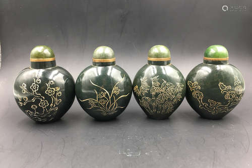 FOUR GREEN JADE CARVED SNUFF BOTTLES