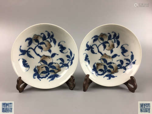 PAIR BLUE AND UNDERGLAZE PEACH PATTERN PLATES