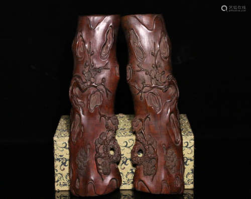 PAIR CHENXIANG WOOD CARVED HAND HOLDERS