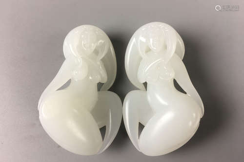 PAIR HETIAN JADE LADY SHAPED PENDANT