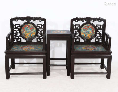 SET ZITAN WOOD CARVED CLOISONNE DESK AND CHAIRS