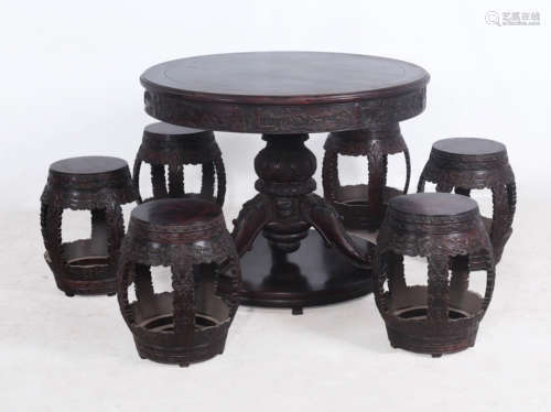 SET ZITAN WOOD CARVED TABLE AND CHAIRS
