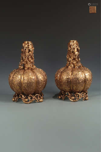 A PAIR OF OLD FRUIT DESIGN GILT LAMPHOLDERS