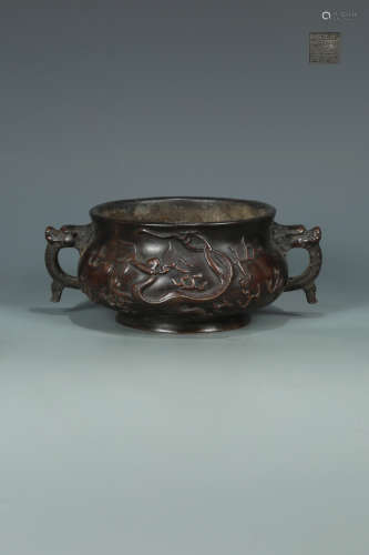 14-16TH CENTURY, A DRAGON PATTERN DOUBLE-EAR BRONZE CENSER, MING DYNASTY