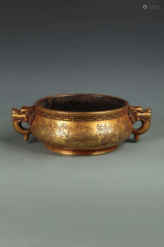 14-16TH CENTURY, A GILT BRONZE DRAGON&PHOENIX PATTERN FURNACE, MING DYNASTY