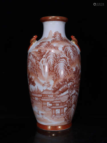 17-19TH CENTURY, A PAIR OF LANDSCAPE PATTERN DOUBLE-EAR VASES, QING DYNASTY