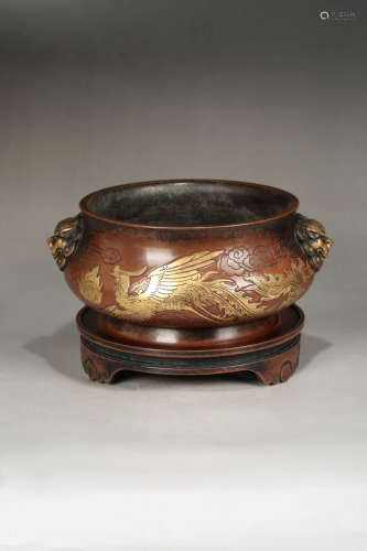 14-16TH CENTURY, A GILT BRONZE DOUBLE-EAR FURNACE, MING DYNASTY