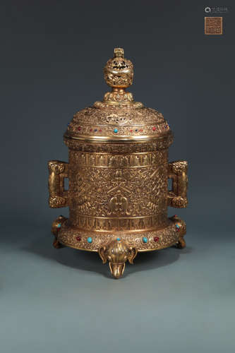 17-19TH CENTURY, A FLORAL PATTERN GILT BRONZE CENSER, QING DYNASTY