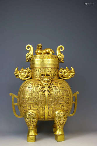 A GILT BRONZE CATTLE DESIGN VESSEL