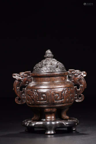 17-19TH CENTURY, A TAOTIE BEAST PATTERN AGILAWOOD DOUBLE-EAR COVERED CENSER, QING DYNASTY