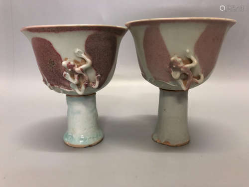 A PAIR OF UNDERGLAZE RED STEM CUPS, YUAN DYNASTY