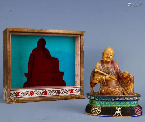 AN OLD TIBETAN A BUDDHA DESIGN FIELD YELLOW STONE ORNAMENT
