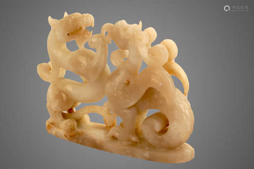 206 BC-220 AD, A DRAGON&PHOENIX WHITE JADE ORNMENT, HAN DYNASTY