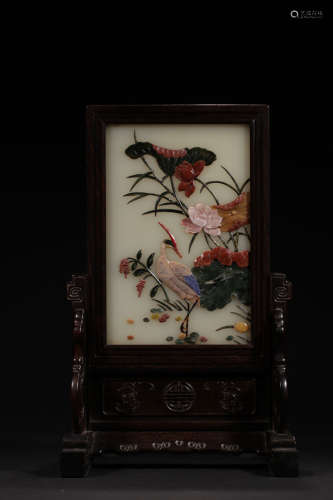 18-19TH CENTURY, A FLORAL AND BIRD PATTERN ROSEWOOD TABLE SCREEN, LATE QING DYNASTY