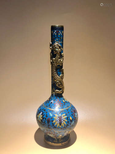 A DRAGON DESIGN LONG-NECK CLOISONNE VASE